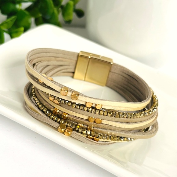 Champagne Beaded Leather Wrap Bracelet - Picture 3 of 7